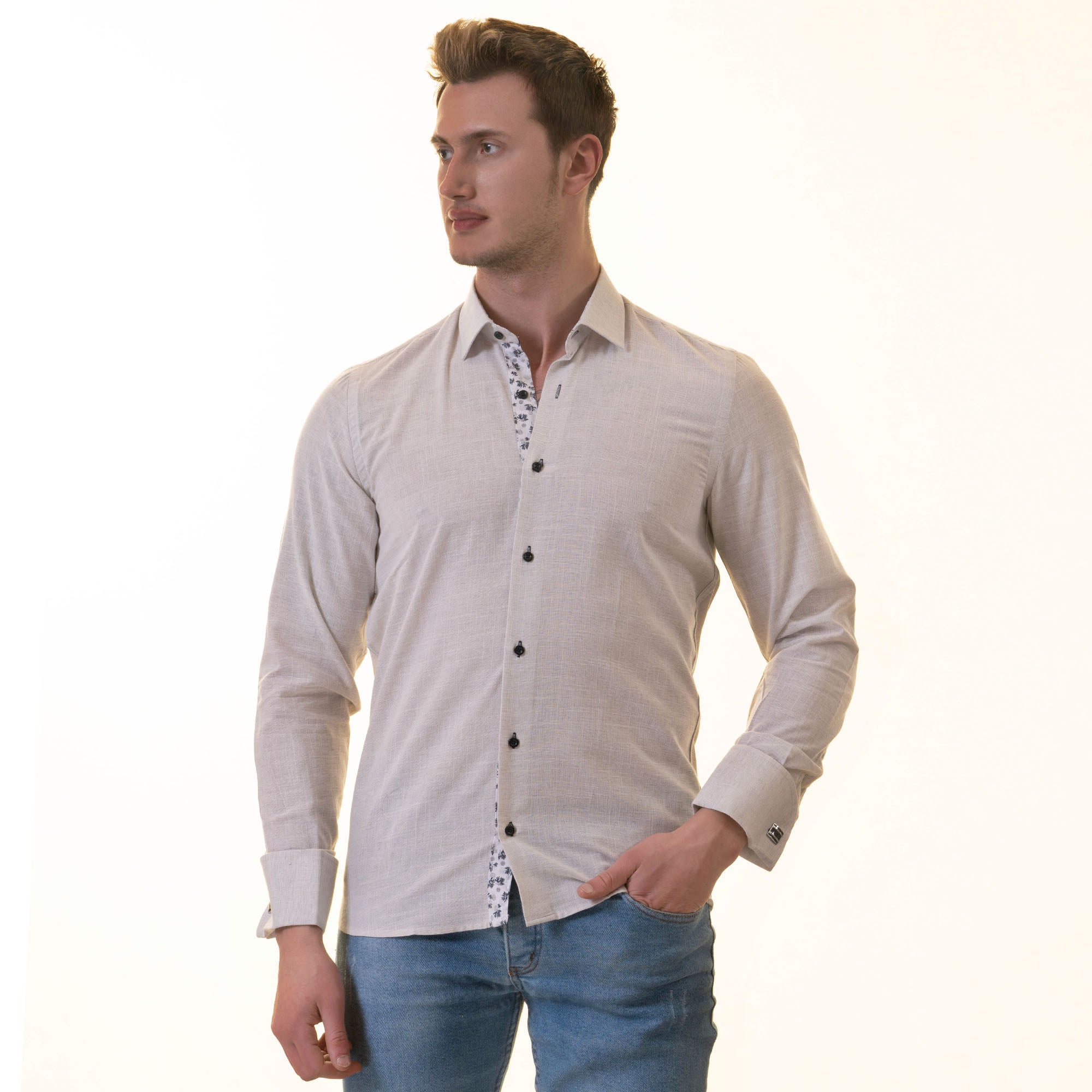 Gray French Cuff Shirt - Men's Slim Fit Long-Sleeved (Black Floral Inside) - Image 6