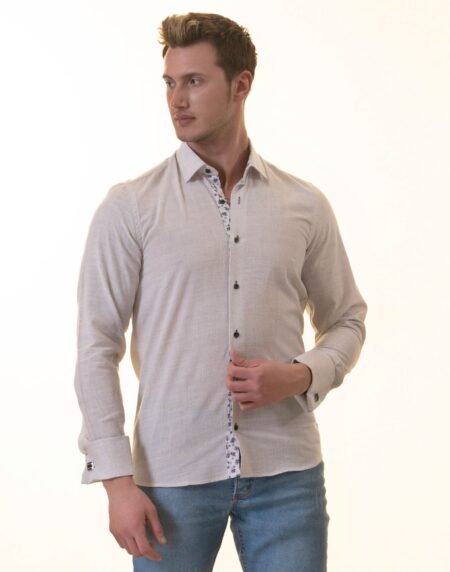 Gray French Cuff Shirt – Men’s Slim Fit Long-Sleeved (Black Floral Inside)