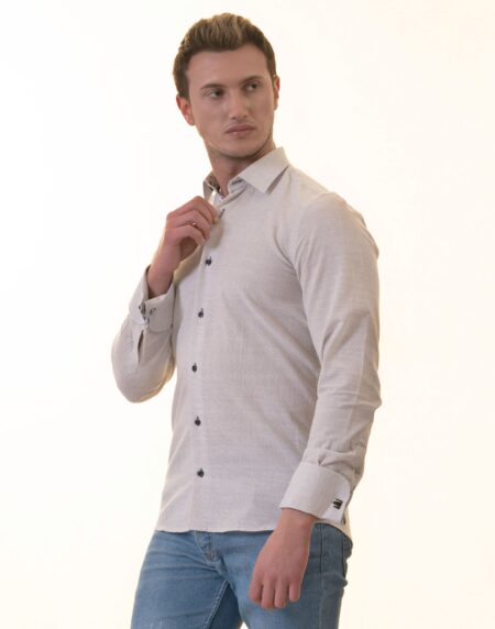 Gray French Cuff Shirt – Men’s Slim Fit Long-Sleeved (Black Floral Inside)