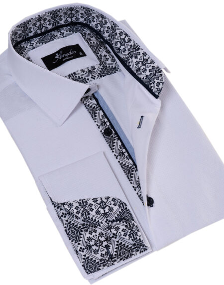 White French Cuff Shirt – Men’s Slim Fit Long-Sleeved ( Black Printed Inside)