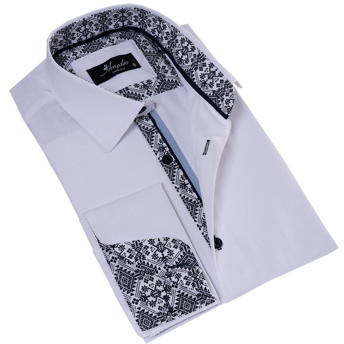 White French Cuff Shirt – Men’s Slim Fit Long-Sleeved ( Black Printed Inside)
