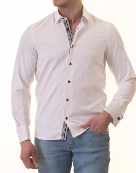 White French Cuff Shirt – Men’s Slim Fit Long-Sleeved ( Black Printed Inside)