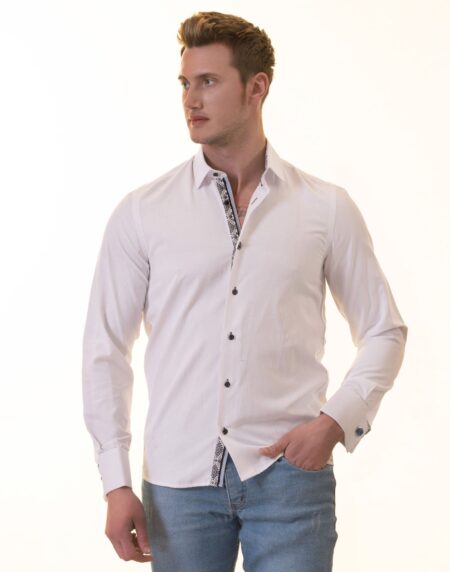 White French Cuff Shirt – Men’s Slim Fit Long-Sleeved ( Black Printed Inside)
