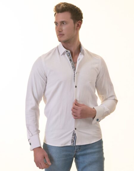 White French Cuff Shirt – Men’s Slim Fit Long-Sleeved ( Black Printed Inside)