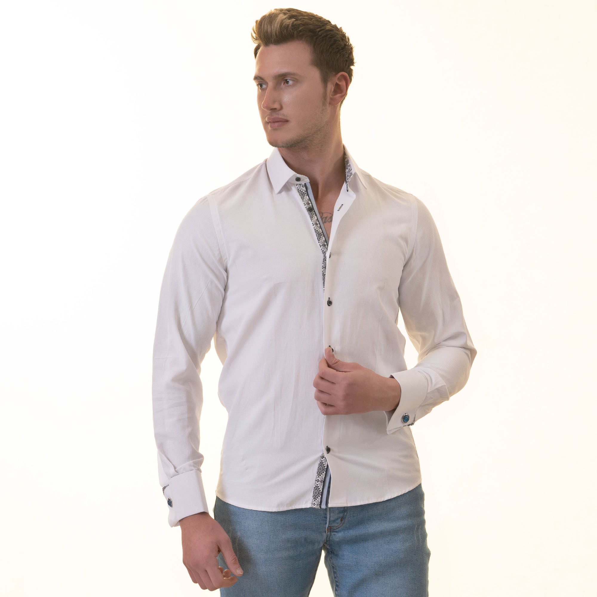 White French Cuff Shirt - Men's Slim Fit Long-Sleeved ( Black Printed Inside) - Image 6