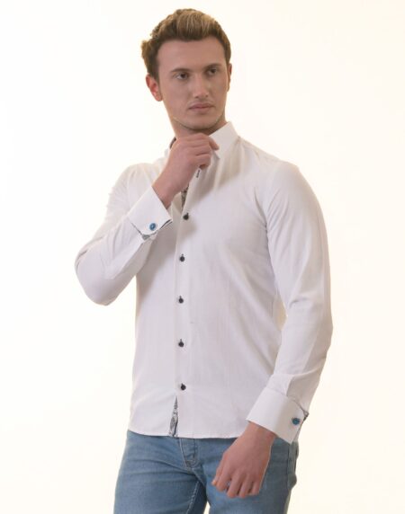 White French Cuff Shirt – Men’s Slim Fit Long-Sleeved ( Black Printed Inside)
