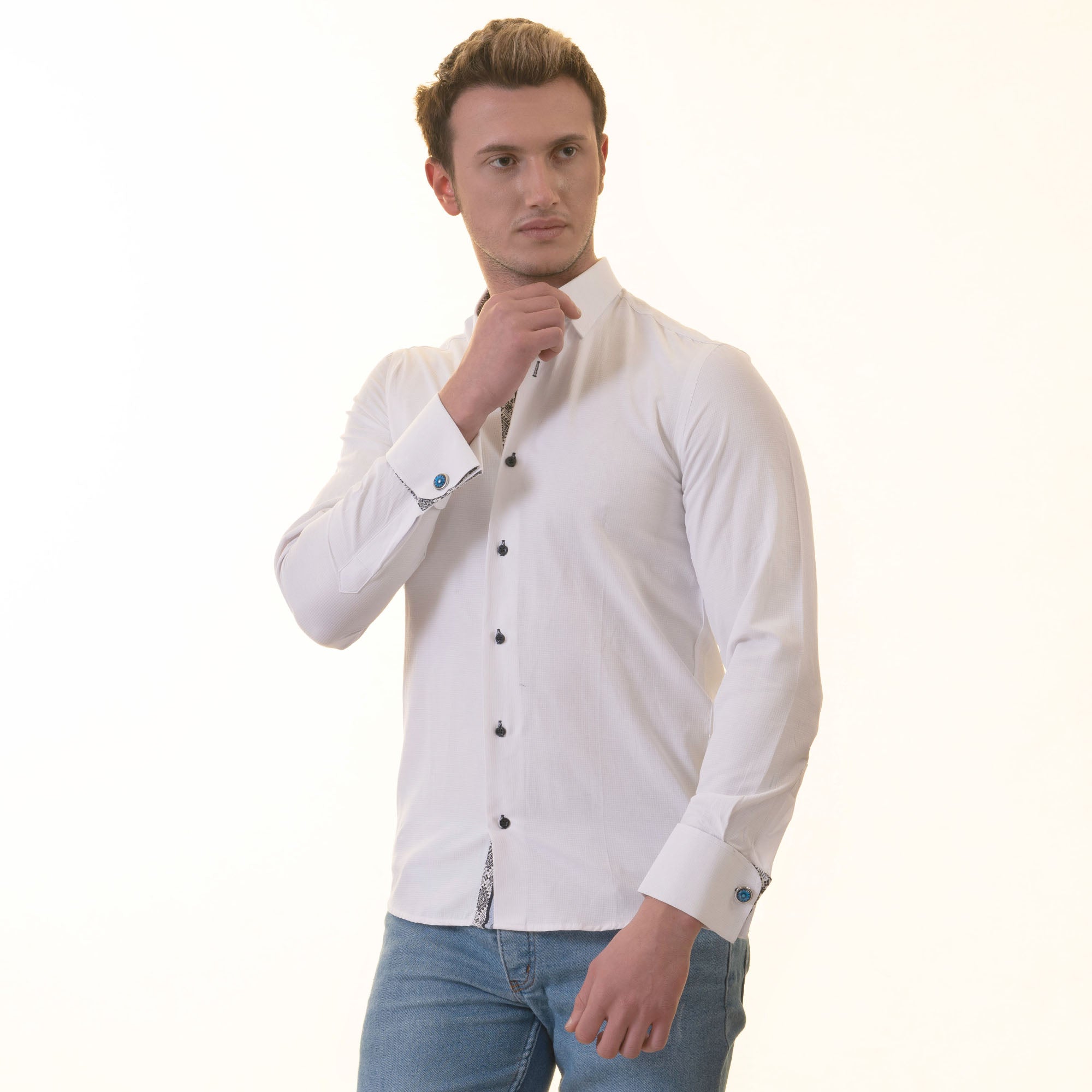 White French Cuff Shirt - Men's Slim Fit Long-Sleeved ( Black Printed Inside) - Image 7
