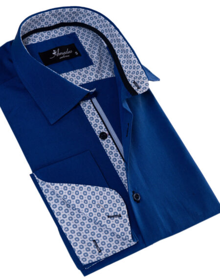 Royal Blue French Double Cuff Shirt -Slim Fit Long-Sleeved Shirt (White Inside)