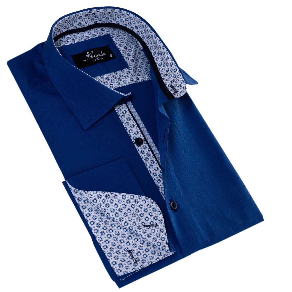 Royal Blue French Double Cuff Shirt -Slim Fit Long-Sleeved Shirt (White Inside)