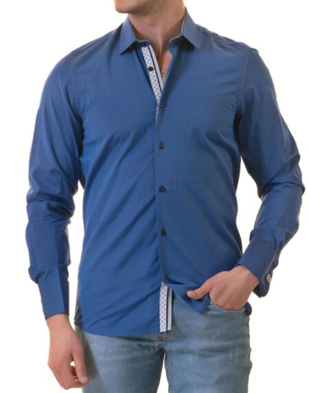 Royal Blue French Double Cuff Shirt -Slim Fit Long-Sleeved Shirt (White Inside)