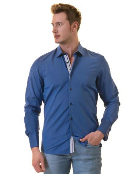 Royal Blue French Double Cuff Shirt -Slim Fit Long-Sleeved Shirt (White Inside)