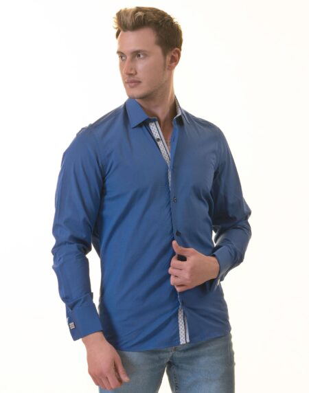 Royal Blue French Double Cuff Shirt -Slim Fit Long-Sleeved Shirt (White Inside)