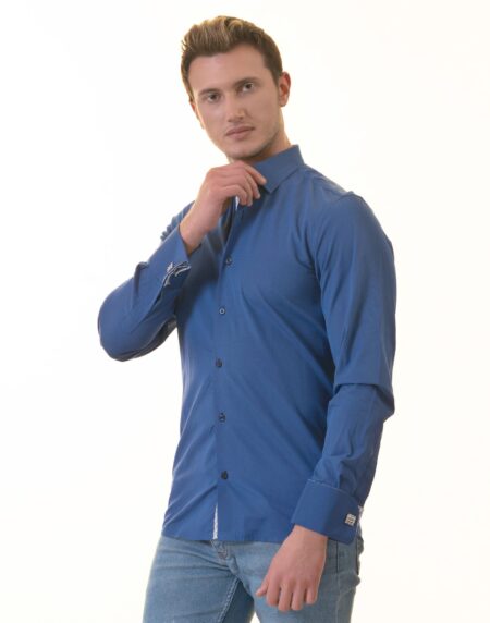 Royal Blue French Double Cuff Shirt -Slim Fit Long-Sleeved Shirt (White Inside)