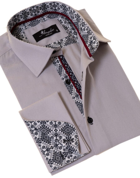 Grey French Cuff Shirt — Slim Fit, Patterned Reversible Cuff