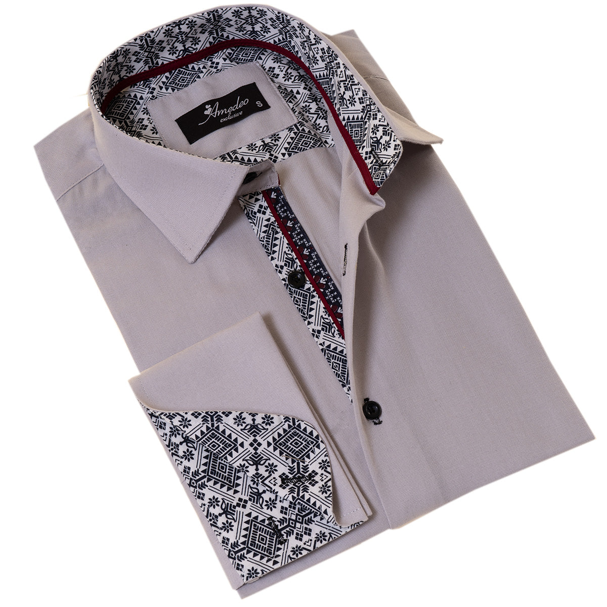 Grey French Cuff Shirt — Slim Fit, Patterned Reversible Cuff