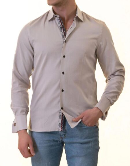 Grey French Cuff Shirt — Slim Fit, Patterned Reversible Cuff