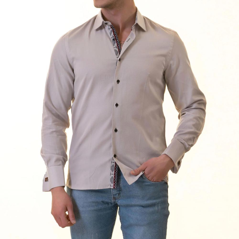 Grey French Cuff Shirt — Slim Fit, Patterned Reversible Cuff - Image 2