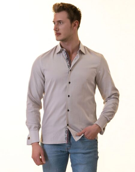 Grey French Cuff Shirt — Slim Fit, Patterned Reversible Cuff