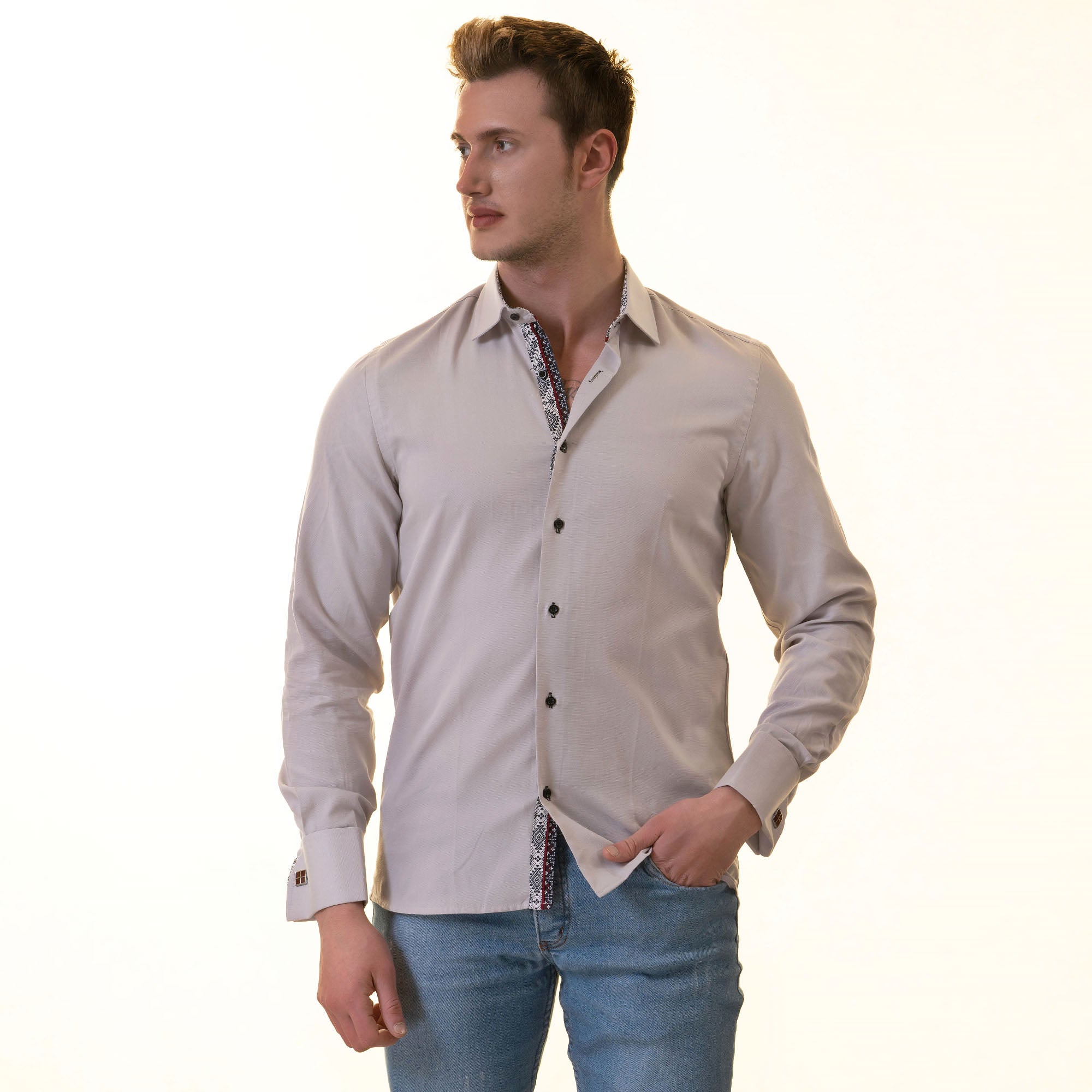 Grey French Cuff Shirt — Slim Fit, Patterned Reversible Cuff - Image 4