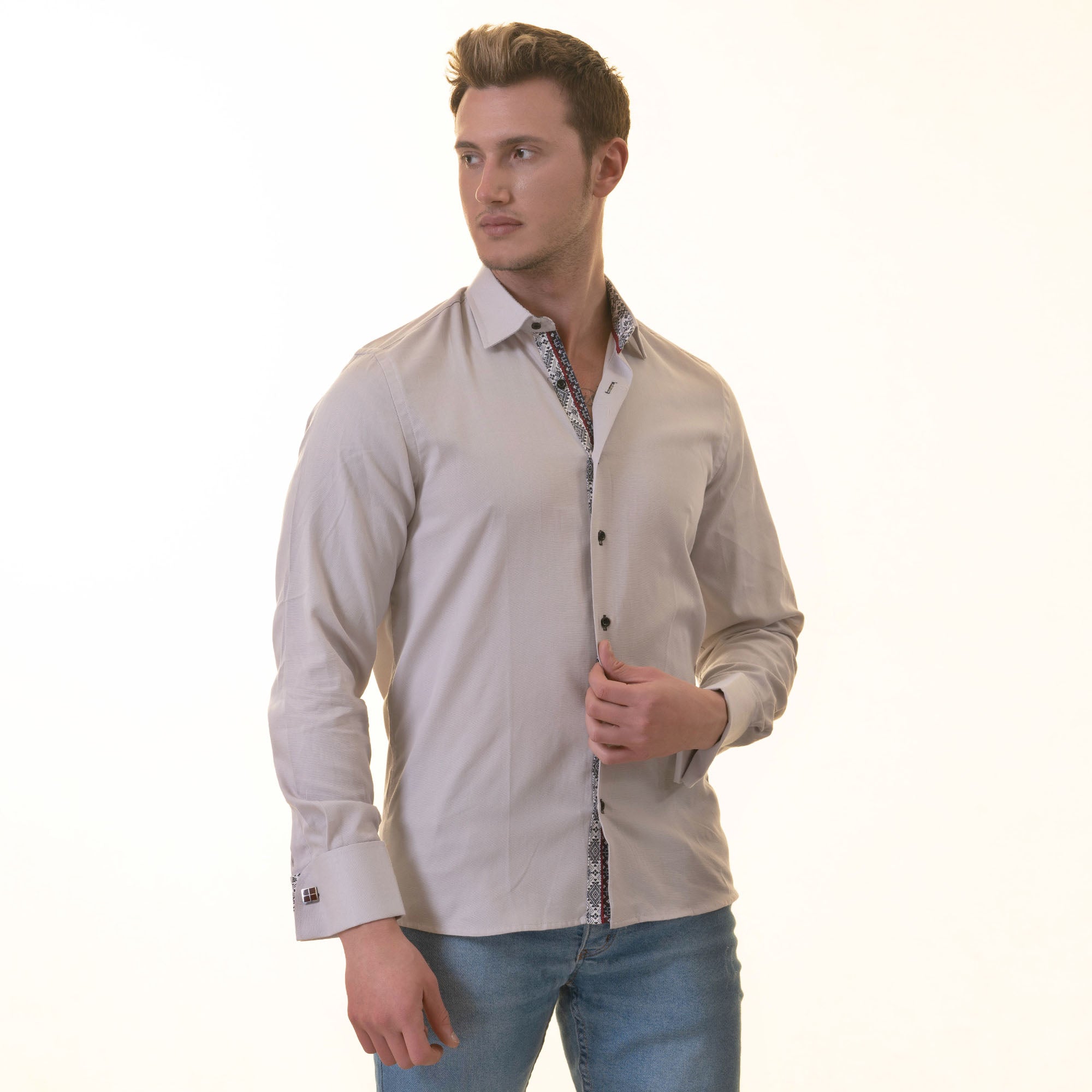 Grey French Cuff Shirt — Slim Fit, Patterned Reversible Cuff - Image 5