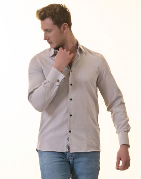 Grey French Cuff Shirt — Slim Fit, Patterned Reversible Cuff