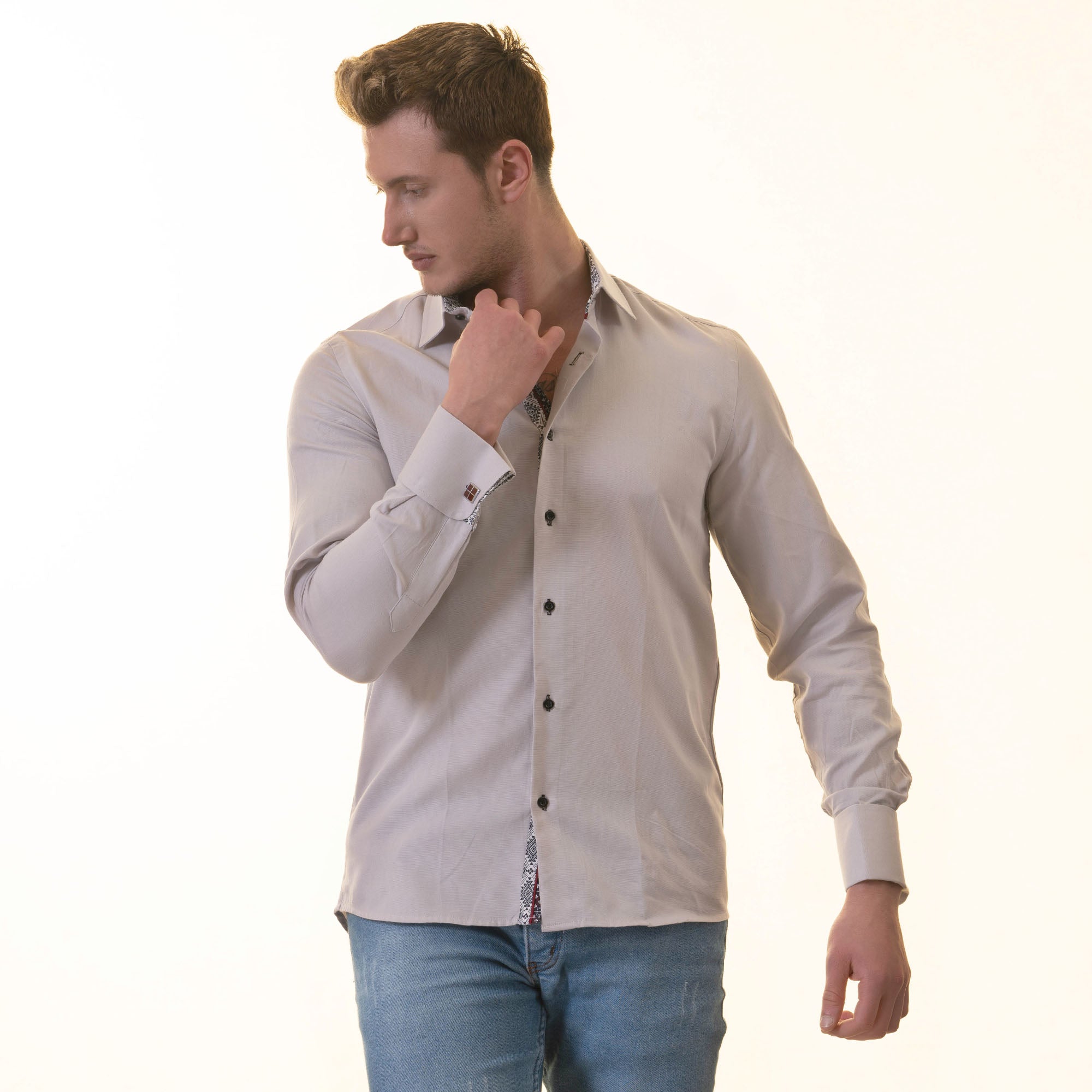 Grey French Cuff Shirt — Slim Fit, Patterned Reversible Cuff - Image 6
