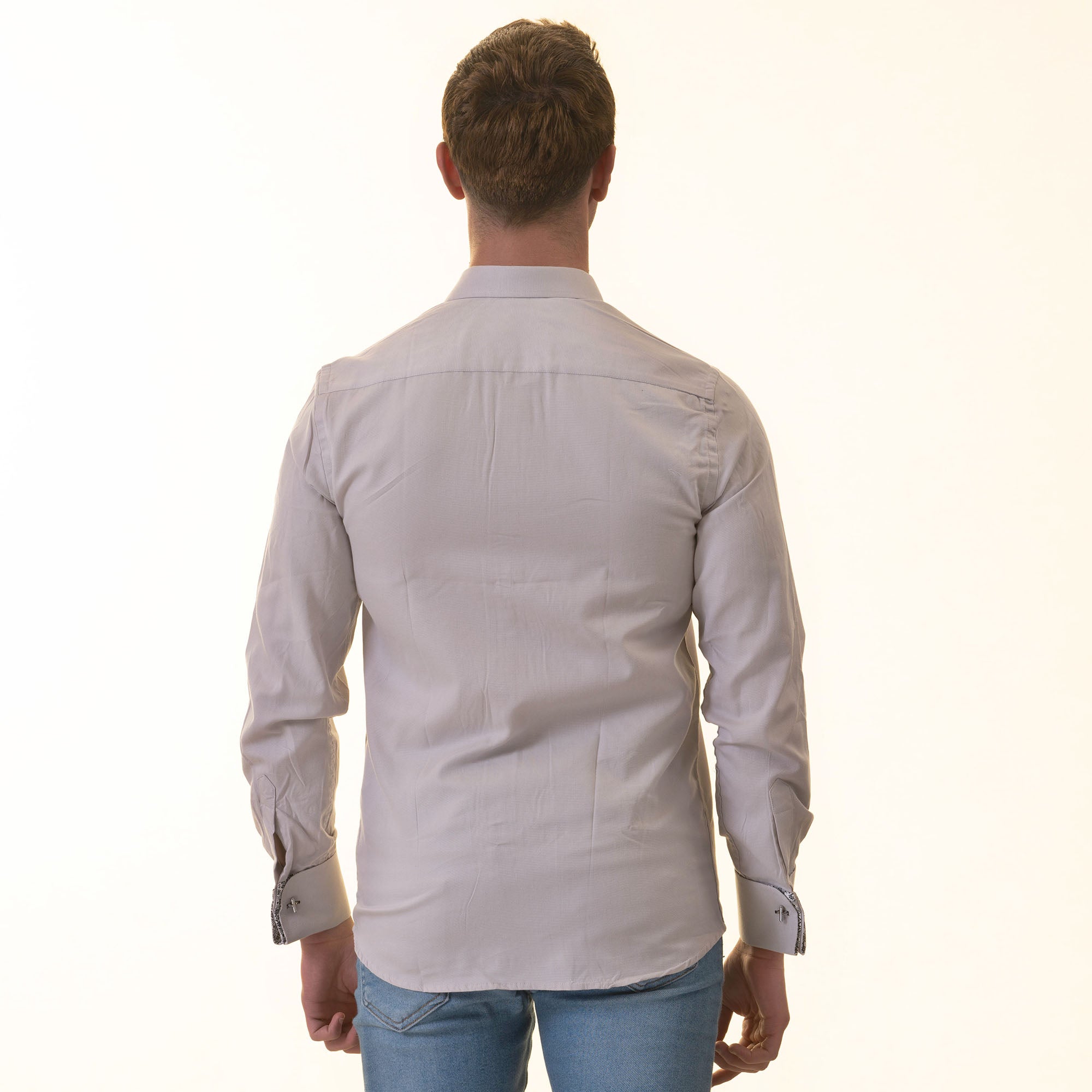 Grey French Cuff Shirt — Slim Fit, Patterned Reversible Cuff - Image 7