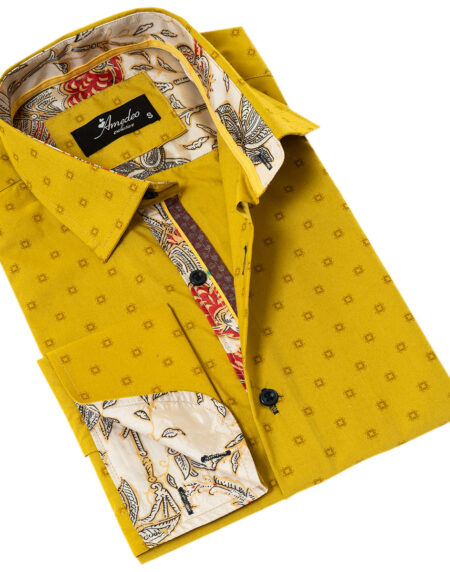 Paisley French Cuff Shirt — Slim Fit, Mustard Reversible Cuff