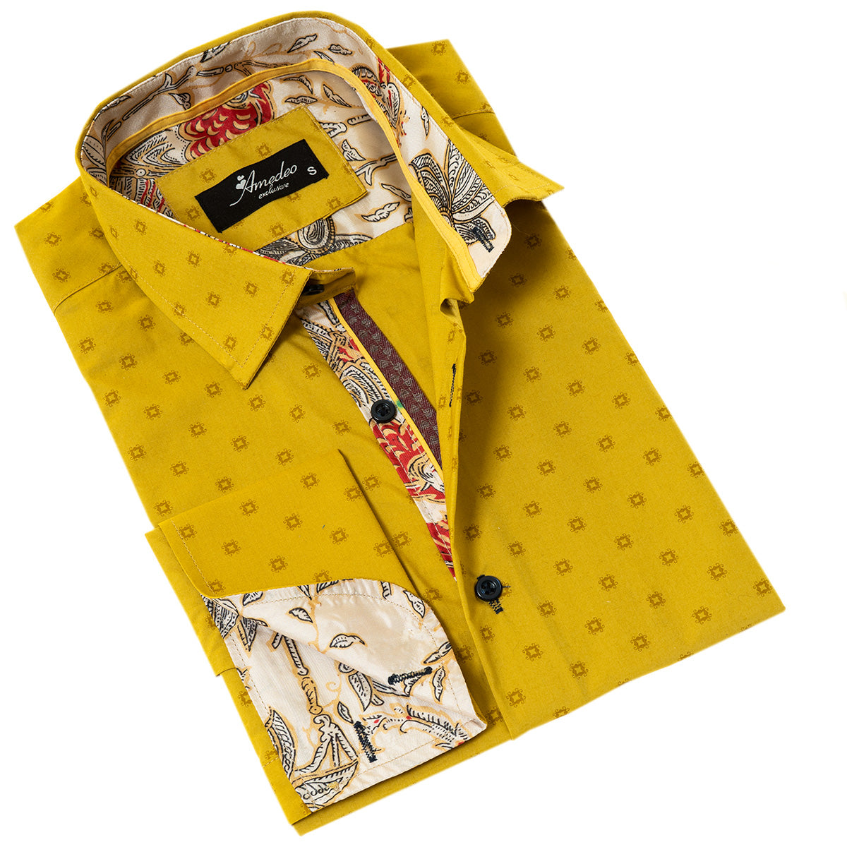 Paisley French Cuff Shirt — Slim Fit, Mustard Reversible Cuff