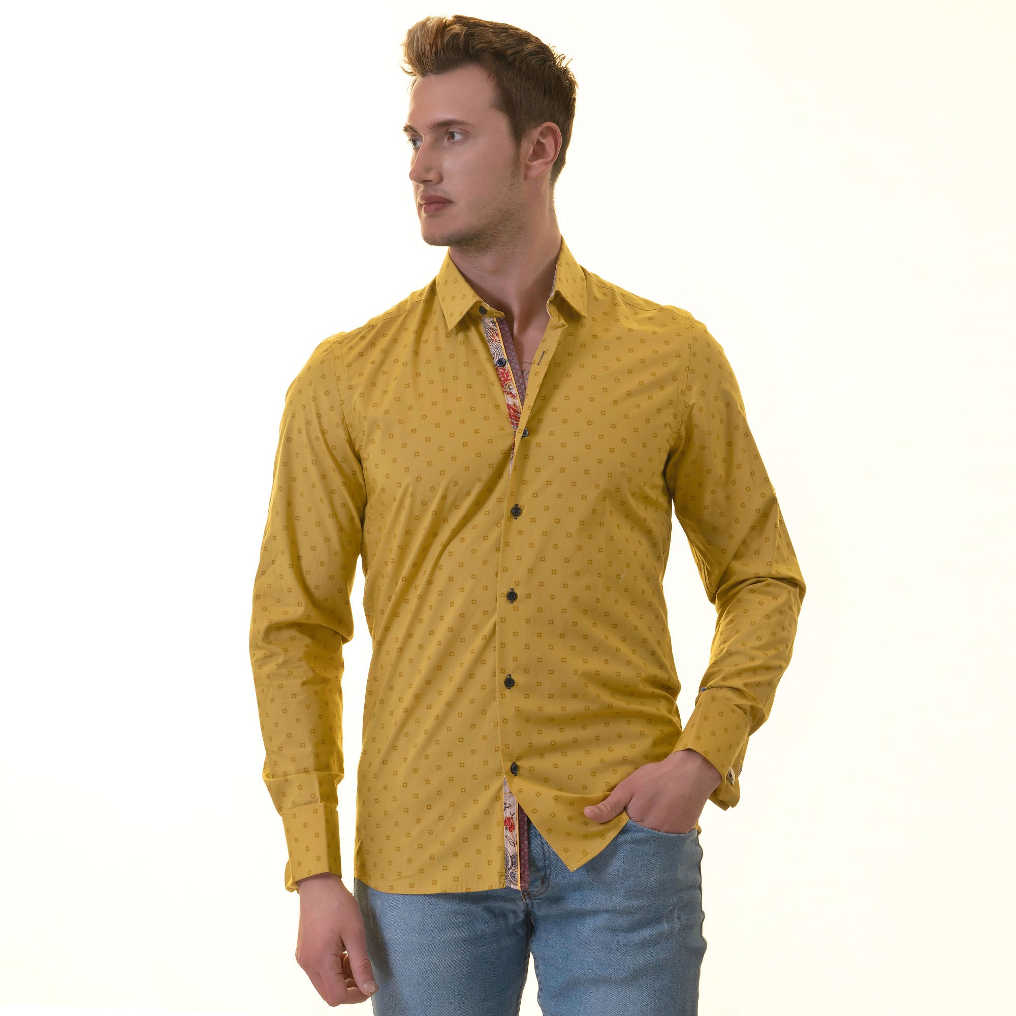 Paisley French Cuff Shirt — Slim Fit, Mustard Reversible Cuff - Image 9