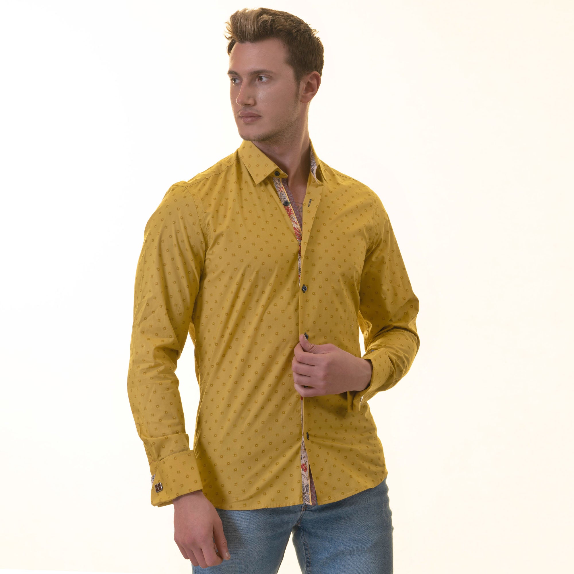 Paisley French Cuff Shirt — Slim Fit, Mustard Reversible Cuff - Image 8