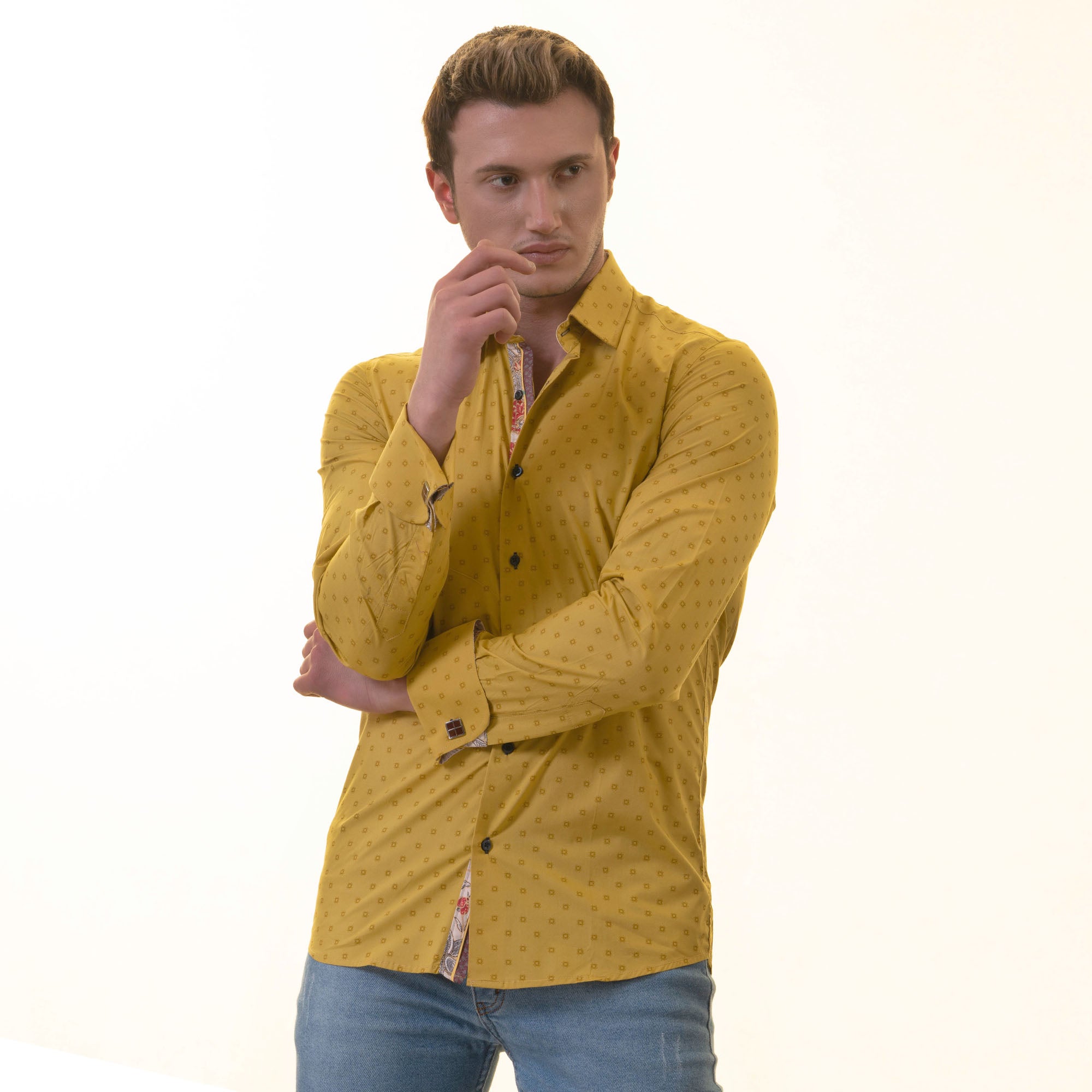 Paisley French Cuff Shirt — Slim Fit, Mustard Reversible Cuff - Image 7