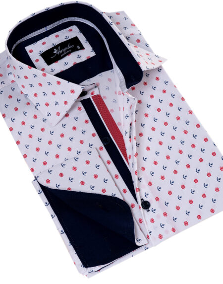 White, Blue & Red Anchor-Print French Cuff Shirt — Slim Fit, Nautical Edge