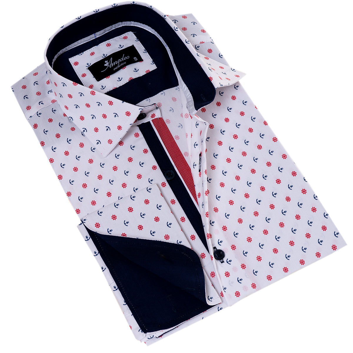 White, Blue & Red Anchor-Print French Cuff Shirt — Slim Fit, Nautical Edge