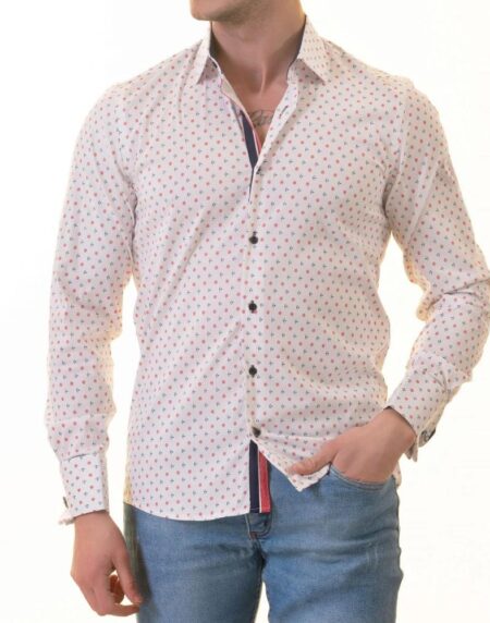 White, Blue & Red Anchor-Print French Cuff Shirt — Slim Fit, Nautical Edge