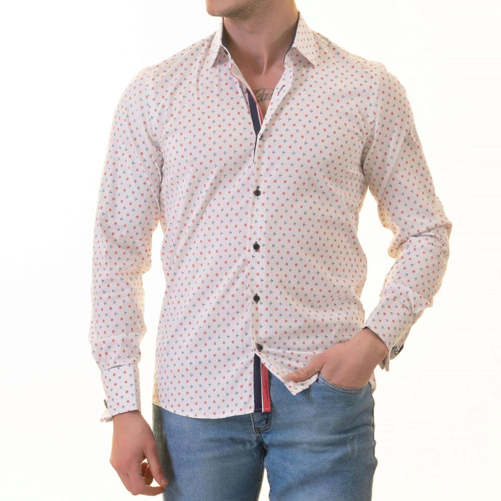White, Blue & Red Anchor-Print French Cuff Shirt — Slim Fit, Nautical Edge - Image 2