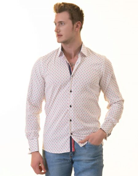 White, Blue & Red Anchor-Print French Cuff Shirt — Slim Fit, Nautical Edge