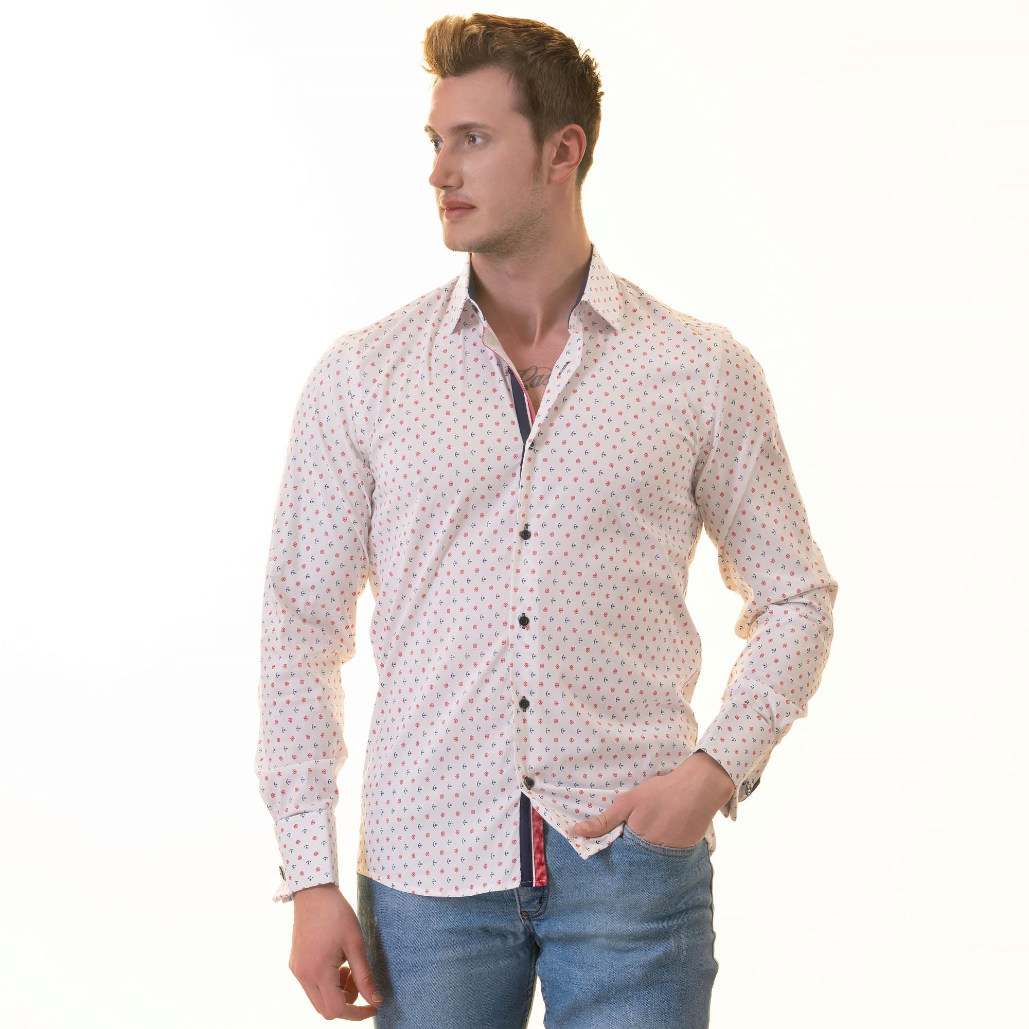 White, Blue & Red Anchor-Print French Cuff Shirt — Slim Fit, Nautical Edge - Image 9
