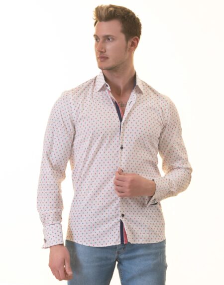 White, Blue & Red Anchor-Print French Cuff Shirt — Slim Fit, Nautical Edge