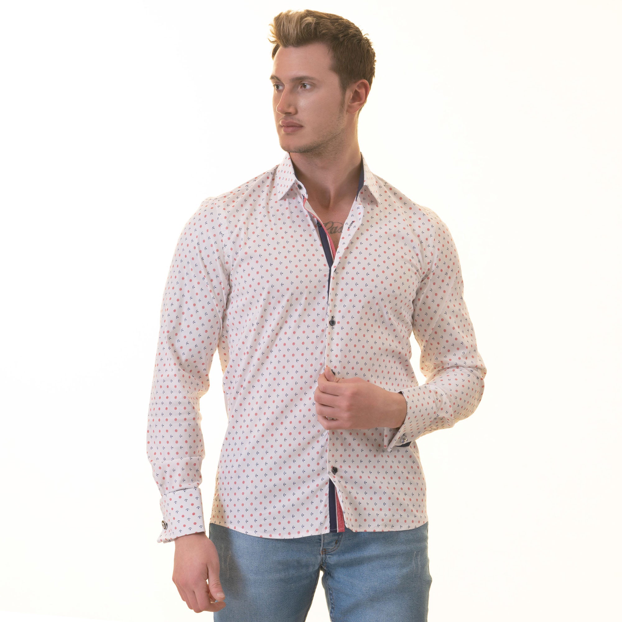White, Blue & Red Anchor-Print French Cuff Shirt — Slim Fit, Nautical Edge - Image 7