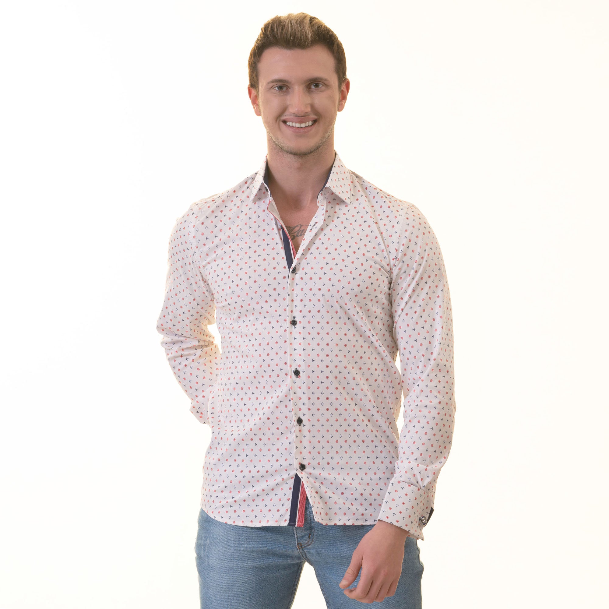 White, Blue & Red Anchor-Print French Cuff Shirt — Slim Fit, Nautical Edge - Image 6