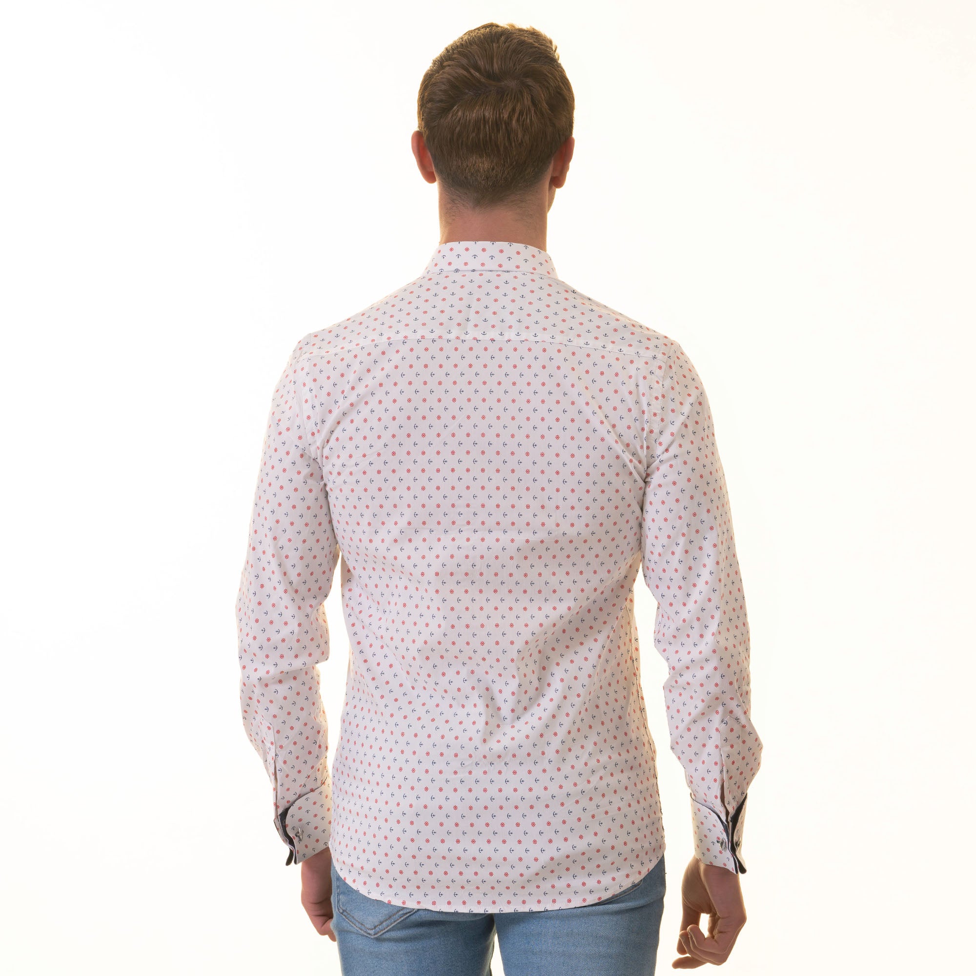 White, Blue & Red Anchor-Print French Cuff Shirt — Slim Fit, Nautical Edge - Image 8