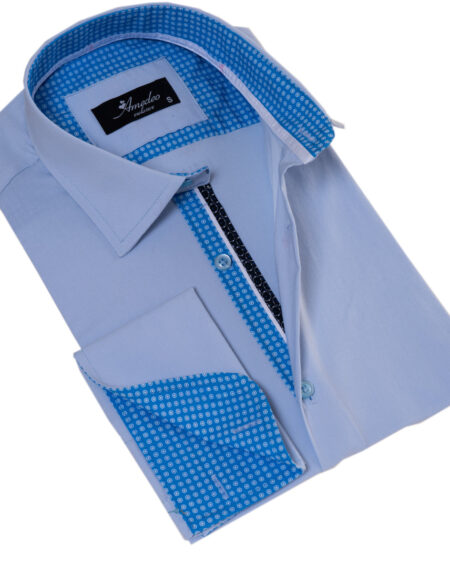 Blue French Cuff Shirt – Slim Fit Long-Sleeved Shirt (Blue White Polka Dot Inside)