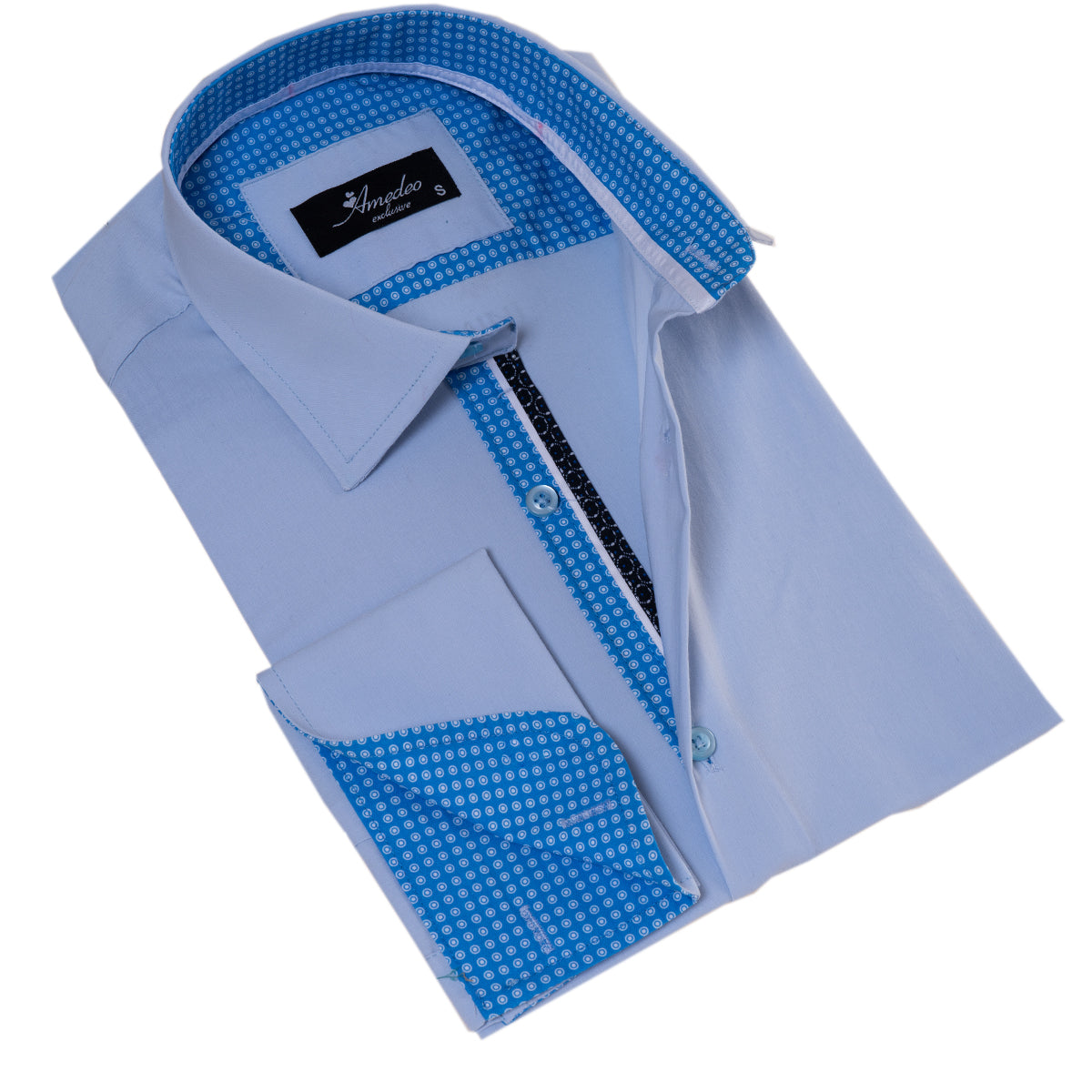 Blue French Cuff Shirt – Slim Fit Long-Sleeved Shirt (Blue White Polka Dot Inside)