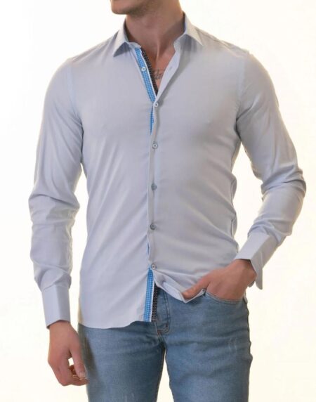 Blue French Cuff Shirt – Slim Fit Long-Sleeved Shirt (Blue White Polka Dot Inside)