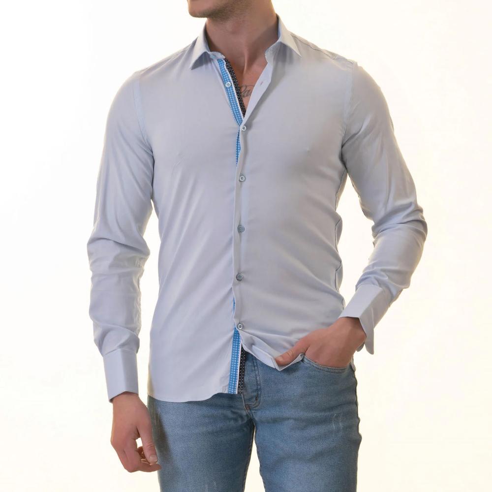 Blue French Cuff Shirt - Slim Fit Long-Sleeved Shirt (Blue White Polka Dot Inside) - Image 2