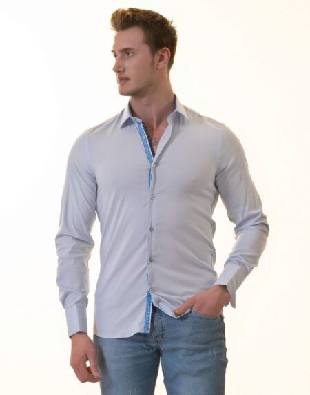 Blue French Cuff Shirt – Slim Fit Long-Sleeved Shirt (Blue White Polka Dot Inside)