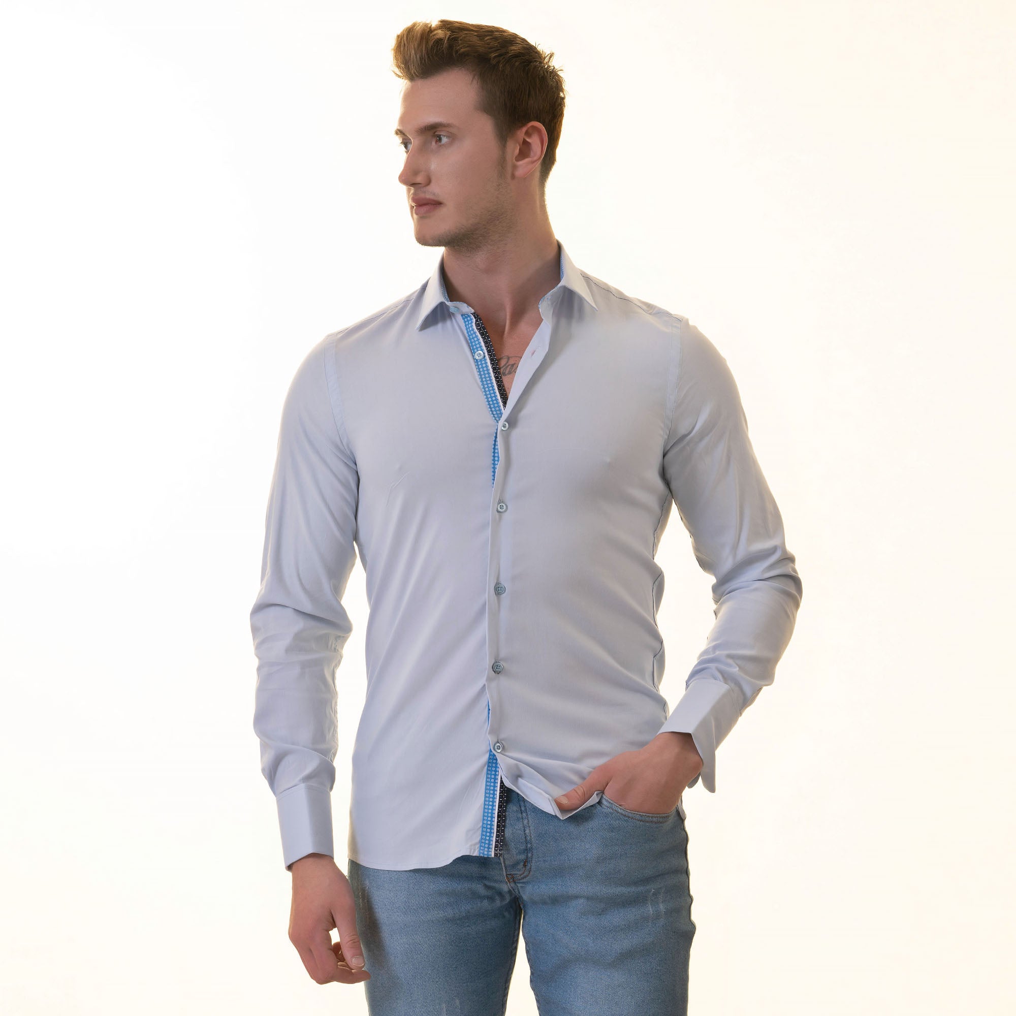 Blue French Cuff Shirt - Slim Fit Long-Sleeved Shirt (Blue White Polka Dot Inside) - Image 5