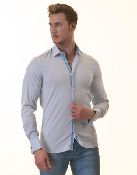 Blue French Cuff Shirt – Slim Fit Long-Sleeved Shirt (Blue White Polka Dot Inside)