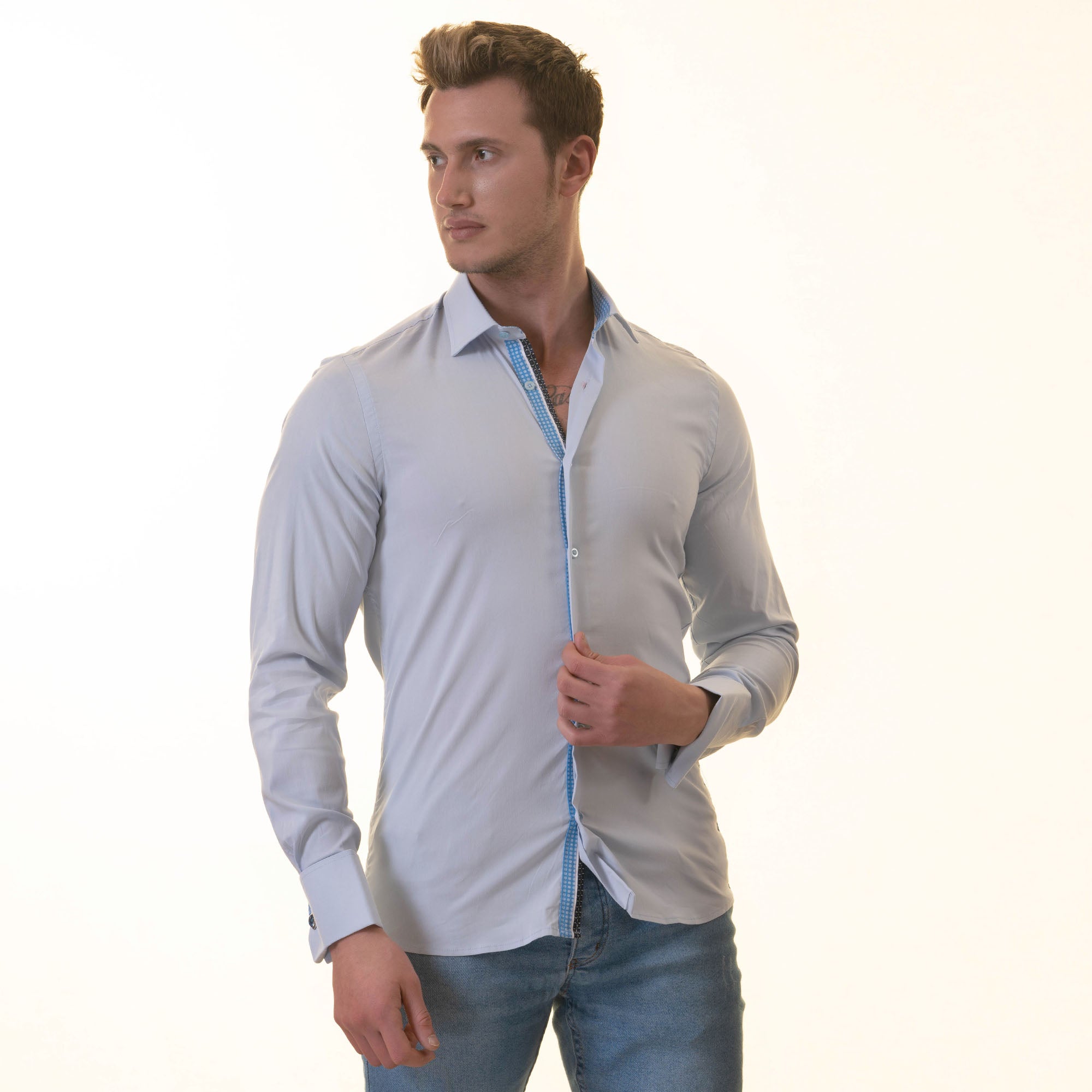 Blue French Cuff Shirt - Slim Fit Long-Sleeved Shirt (Blue White Polka Dot Inside) - Image 6